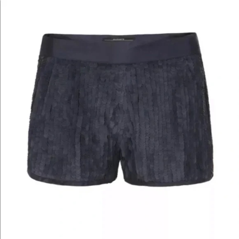 All Saints Akita Silk Navy Hand Embellished Textured Detail Shorts